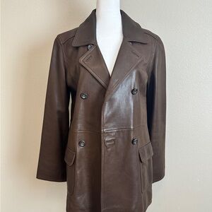 J. Jill Soft Leather Jacket Womens Lined Brown Double Breasted Peacoat XS
